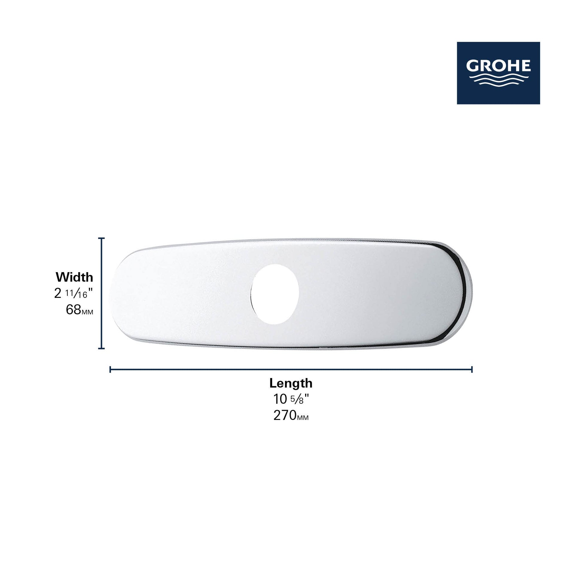 Brushed cool sunrise metal escutcheon plate with rounded corners and single oval hole, 10 5/8" length by 2 11/16" width.