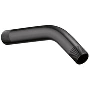 Matte black shower arm with angled design and threaded brass connections at both ends.