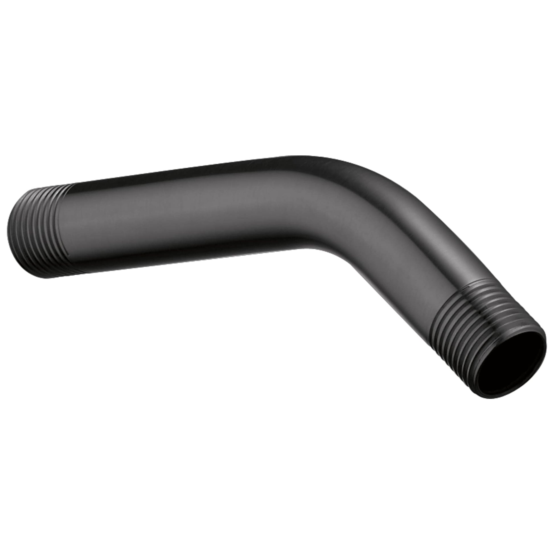 Matte black shower arm with angled design and threaded brass connections at both ends.