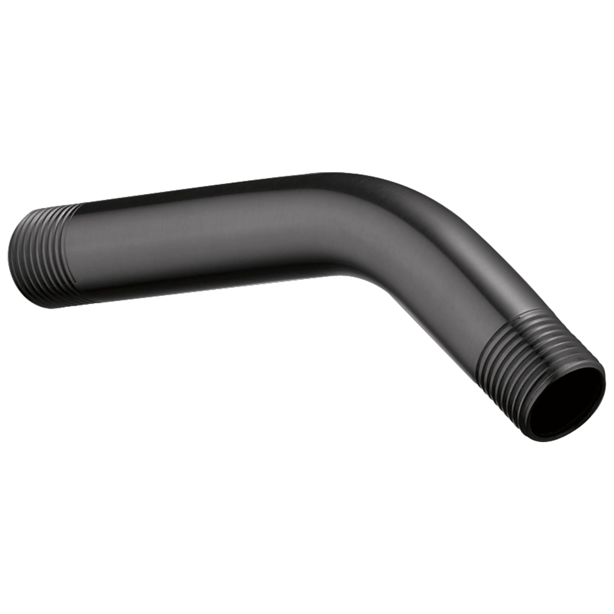 Matte black shower arm with angled design and threaded brass connections at both ends.