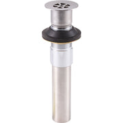 Stainless steel grid strainer with black rubber seal and threaded metal body for bathroom sink drain installation.
