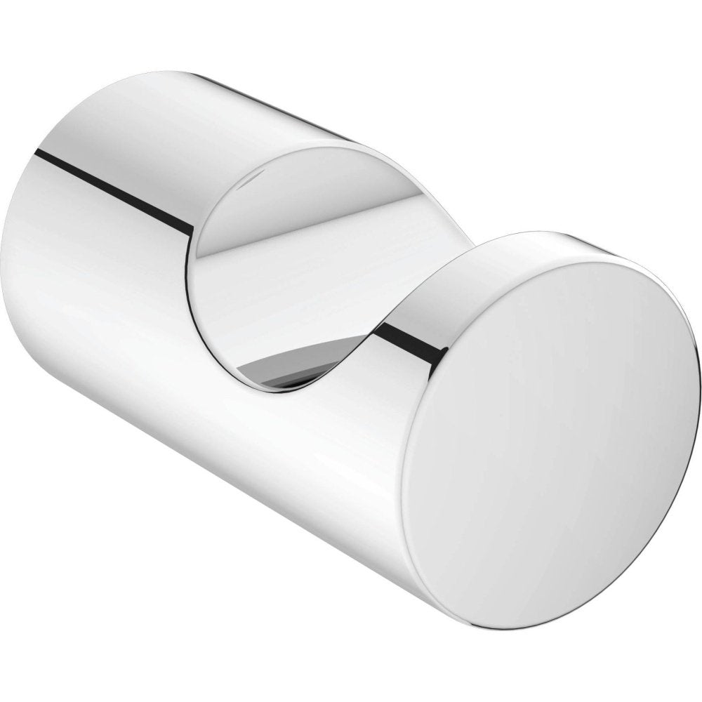 Chrome single robe hook with cylindrical barrel and curved hook accent, modern minimalist design.