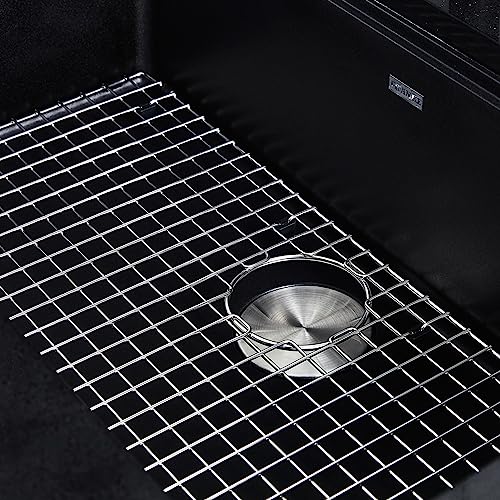 Stainless steel grid with square openings and strainer basket for kitchen sink bottom protection.
