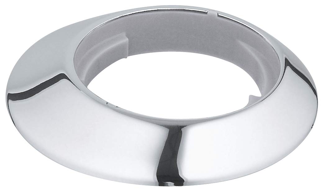 Chrome-finished round escutcheon with split design and central opening for pipe installation.