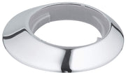 Chrome-finished round escutcheon with split design and central opening for pipe installation.