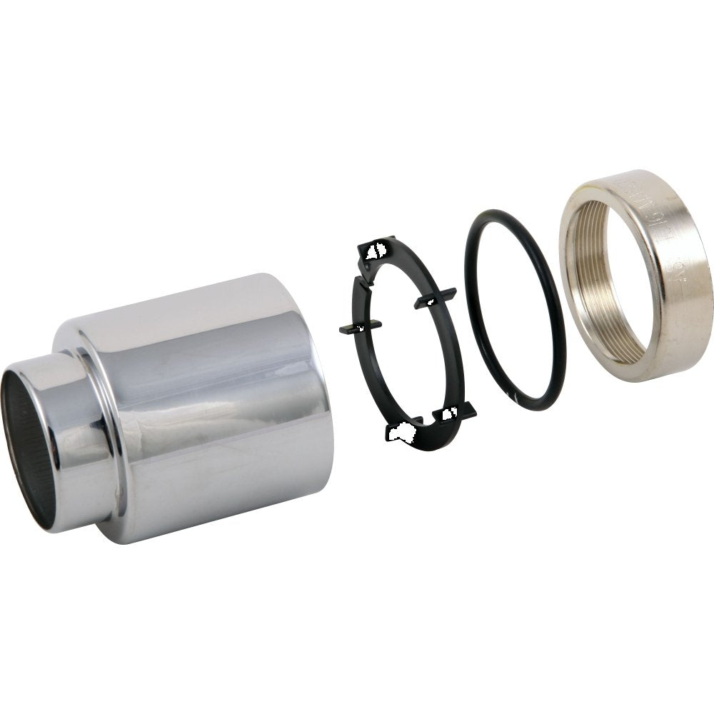 Chrome trim sleeve assembly with cylindrical body, black retaining clips, rubber gasket, and threaded collar ring shown disas