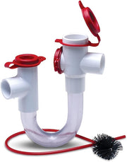 Transparent S-trap kit with red caps, inlet/outlet ports, and black brush attachment.