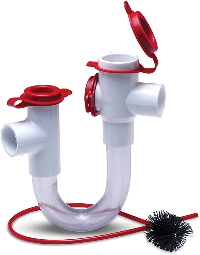 Transparent S-trap kit with red caps, inlet/outlet ports, and black brush attachment.