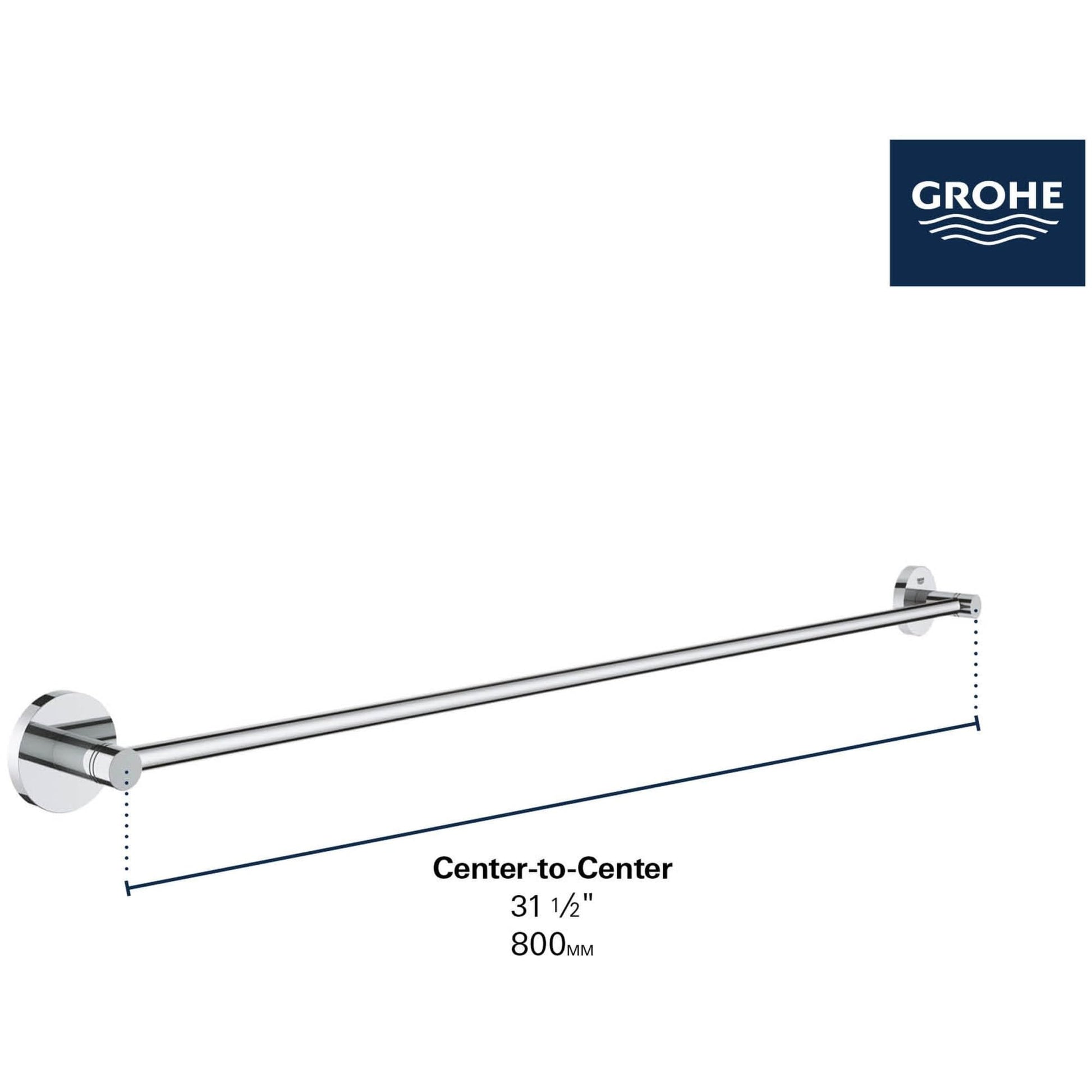 Matte black metal towel bar with circular wall-mounted ends and center-to-center measurement of 31.5 inches.
