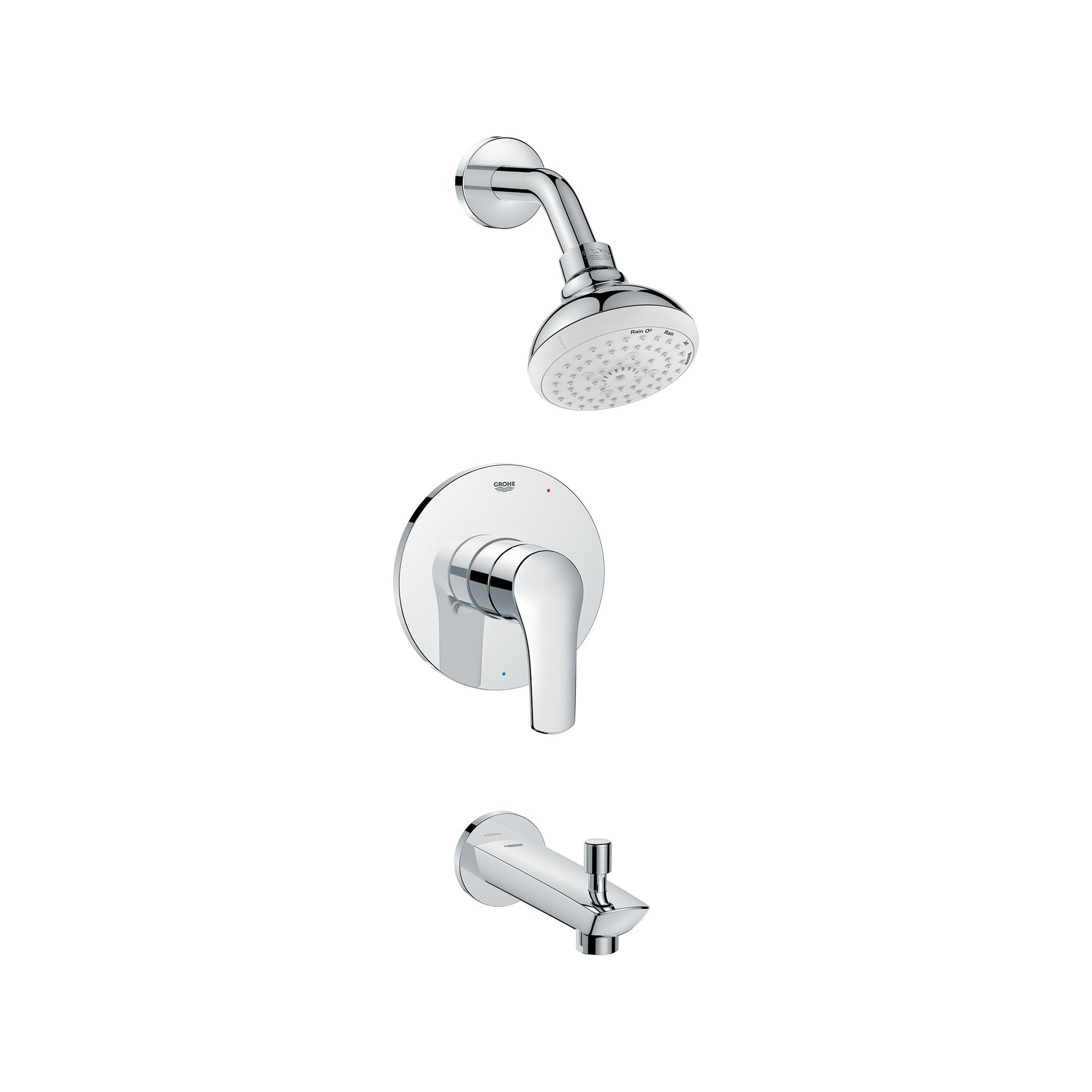 Chrome tub and shower combo valve set with round showerhead, lever handle, and tub spout.