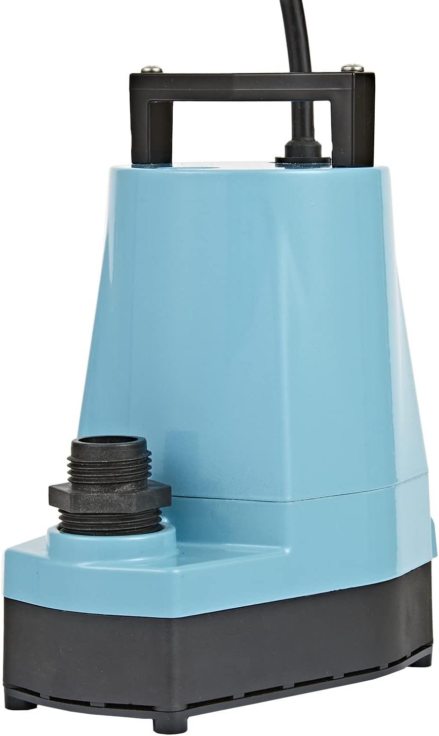 Light blue and black submersible utility pump with carrying handle and threaded outlet port on lower front side.