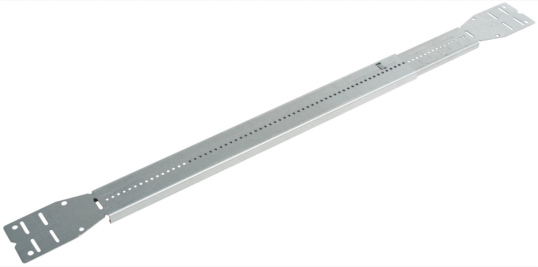 Metal adjustable slider bar bracket with perforated surface and mounting slots on both ends.