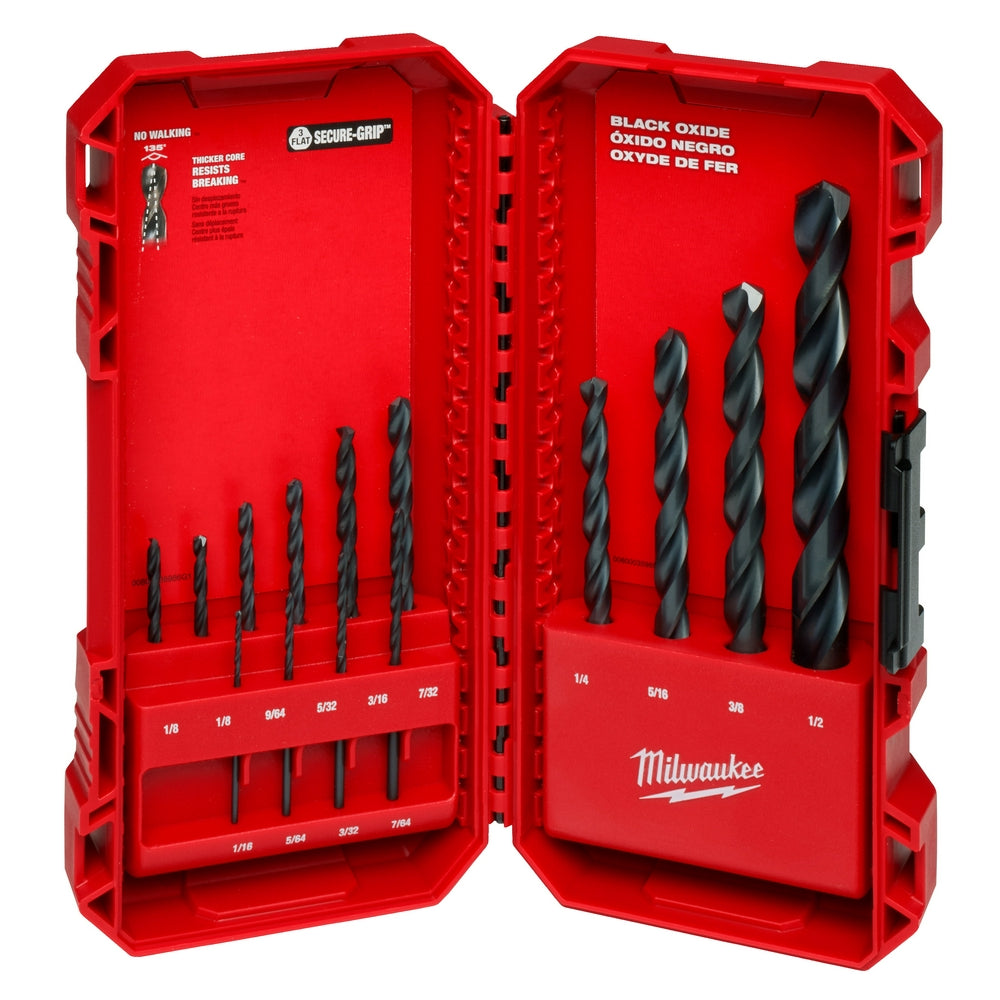 Red Milwaukee drill bit case open showing 14 black oxide drill bits in varying sizes arranged in two rows.