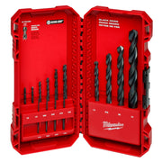 Red Milwaukee drill bit case open showing 14 black oxide drill bits in varying sizes arranged in two rows.