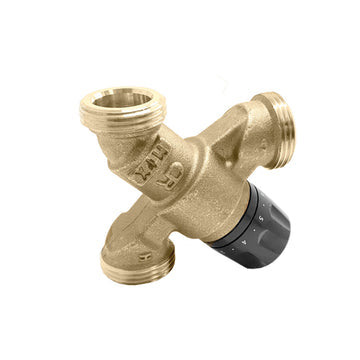 Brass thermostatic mixing valve with 1-1/4 inch connections and black temperature control handle.