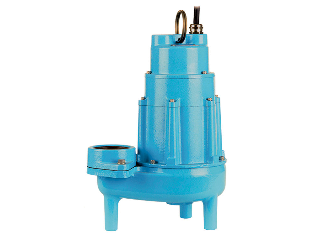Blue cylindrical submersible pump with motor housing, discharge outlet, and power cord attached to top.