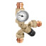 Brass 3-way mixing valve with 3/4" ports and temperature probe attachment.