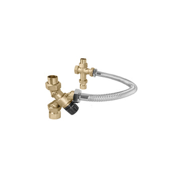 Brass thermostatic mixing valve with 3/4 inch press connections and flexible stainless steel hose with black handle.