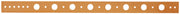 Copper-plated flat bracket with evenly spaced holes and circular openings along its length.