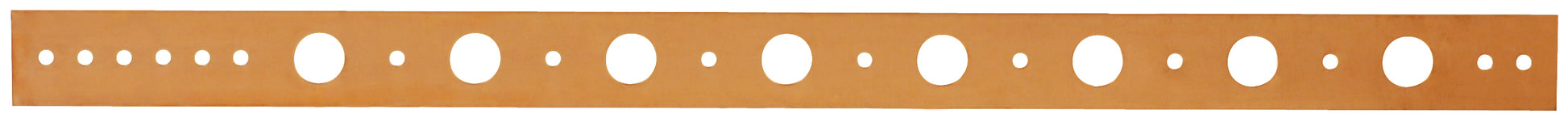 Copper-plated flat bracket with evenly spaced holes and circular openings along its length.