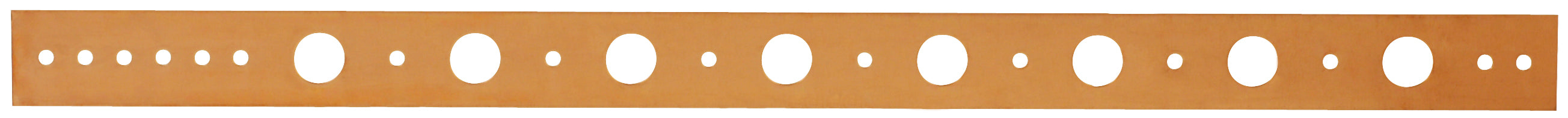 Copper-plated flat bracket with evenly spaced holes and circular openings along its length.