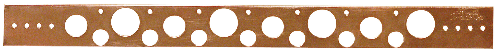 Copper strip bracket with multiple circular holes of varying sizes along its length.
