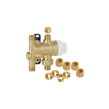 Brass anti-scald mixing valve with compression fittings and assorted connector pieces.
