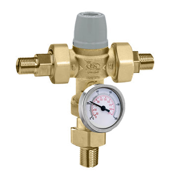 Brass mixing valve with 3/8 inch compression fittings, gray handle, and attached temperature gauge.