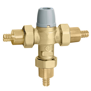 Brass expansion tank valve with gray cap and dual 1/2" PEX inlet connections on sides.
