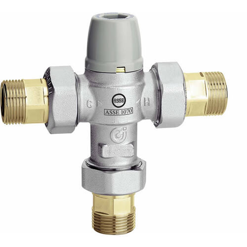 Caleffi 3-way anti-scald mixing valve with brass threaded connections and gray body.
