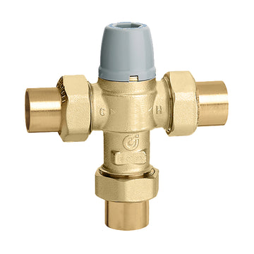 Brass 3-way anti-scald mixing valve with gray adjustable cap and threaded connections on all sides.
