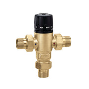 Brass 3-way mixing valve with black temperature dial and 1/2" NPT threaded connections on three sides.