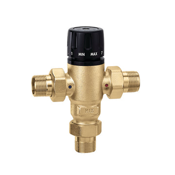 Brass 3-way mixing valve with black temperature dial and 1/2" NPT threaded connections on three sides.