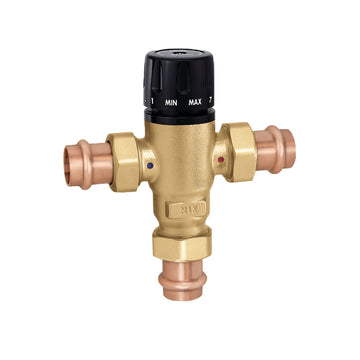 Brass 3-way mixing valve with black adjustment knob labeled MIN and MAX, copper press fittings on three ports.
