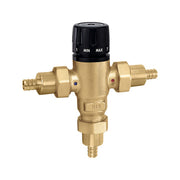 Brass 3-way mixing valve with black adjustment knob and three 1/2" Pex connection ports.