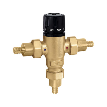 Brass 3-way mixing valve with black temperature dial and three Pex expansion outlets.