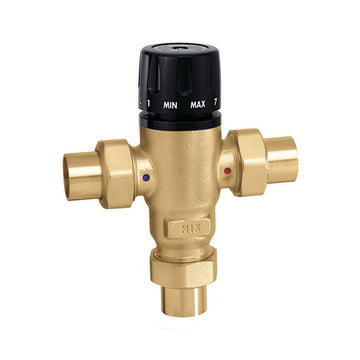 Brass 3-way mixing valve with black temperature dial, inlet and outlet ports, and integrated thermometer gauge.