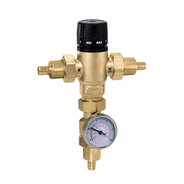 Brass 3-way mixing valve with black adjustment knob and round temperature gauge at bottom.