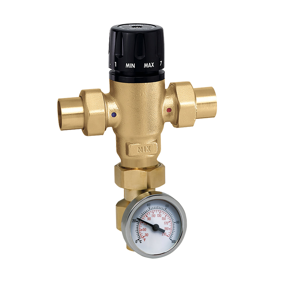 Brass 3-way mixing valve with black adjustment knob, temperature gauge, and three sweat connections.