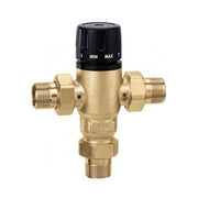 Brass 3-way mixing valve with black temperature control dial marked MIN to MAX and three NPT threaded ports.