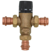 Caleffi 521506AC 3-way mixing valve with brass body, black adjustable dial marked MIN and MAX, and copper press connections o