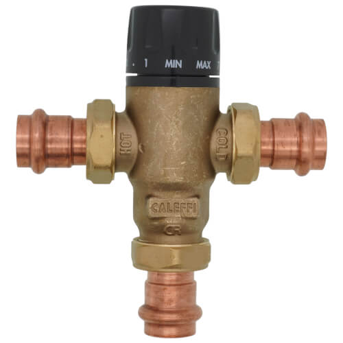Caleffi 521506AC 3-way mixing valve with brass body, black adjustable dial marked MIN and MAX, and copper press connections o