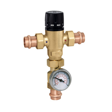 Brass 3-way mixing valve with black adjustment knob, copper connections, and temperature gauge at bottom.