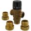Brass 3-way mixing valve with NPT connections and integrated check valves, shown from angled view.