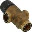 Brass 3-way mixing valve with 1" NPT connections and integral check valves for hydronic heating systems.