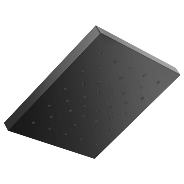 Square black shower head with multiple spray nozzles on flat surface, mounted at angle.