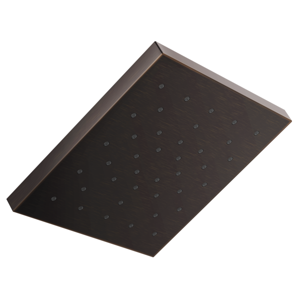 Square black shower head with multiple spray nozzles and angled mounting bracket.