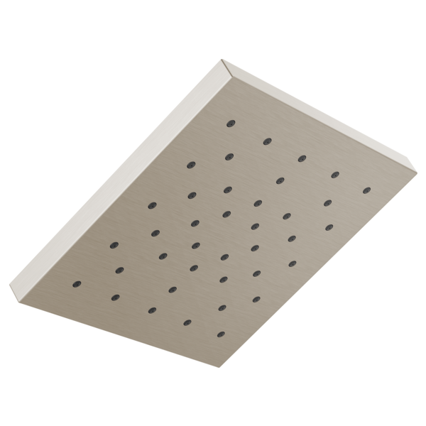 Square brushed nickel shower head with multiple spray holes arranged in grid pattern.
