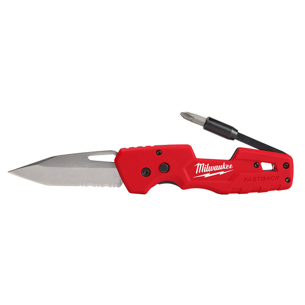 Red folding knife with extended blade, black handle featuring Milwaukee branding, and detachable bit driver attachment.