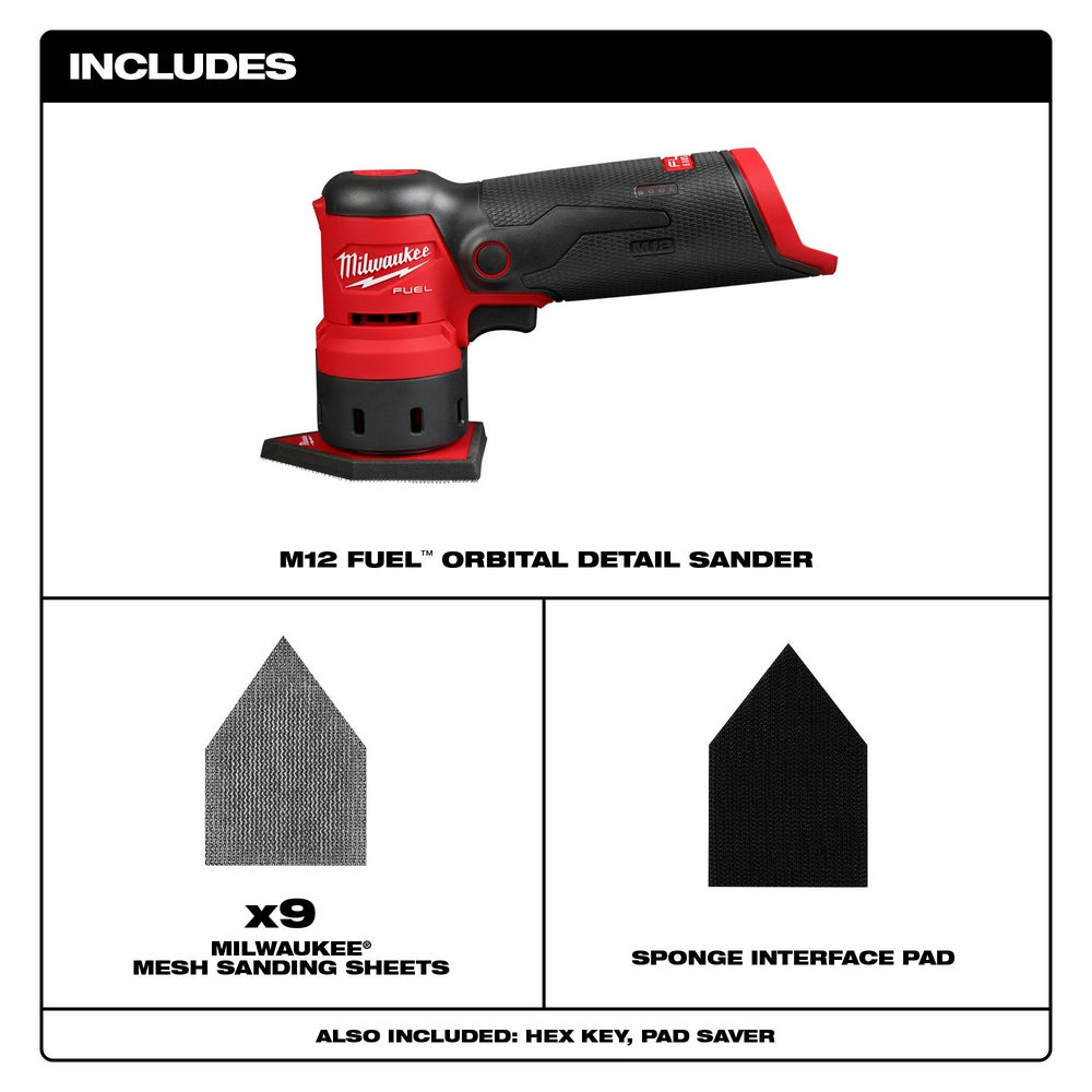 Red and black Milwaukee M12 FUEL orbital detail sander with nine mesh sanding sheets and sponge interface pad included.